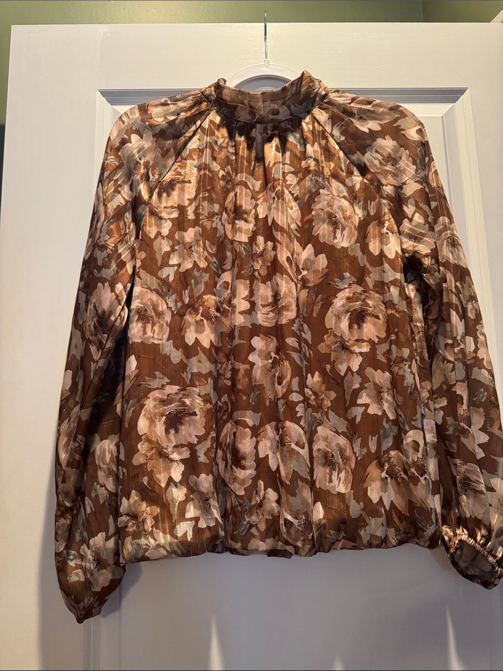 High-Neck Brown Floral Blouse with Long Sleeves